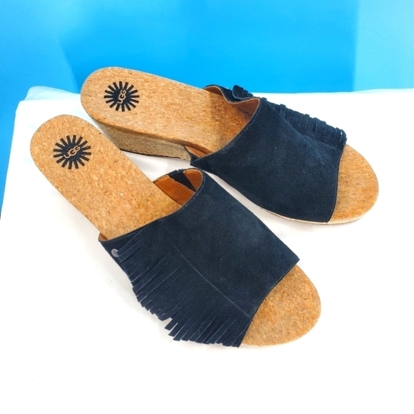 UGG black suede fringe wedge sandals 10 - Picture 1 of 15